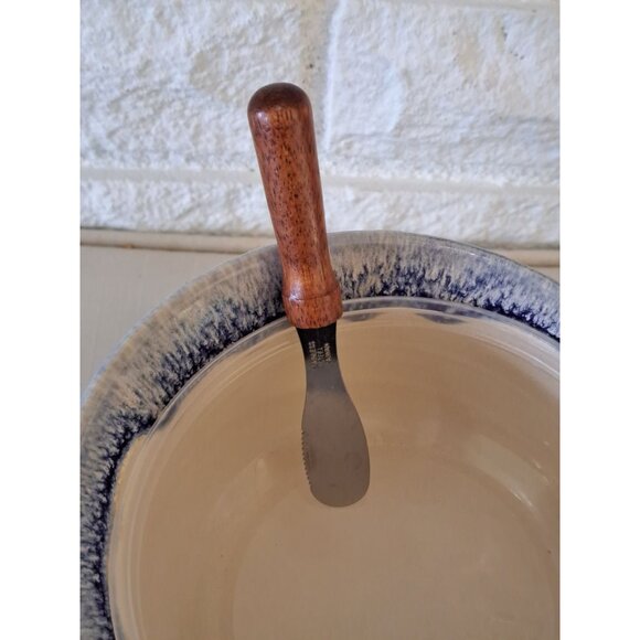 Signed Studio Art Pottery Knife Bowl For Dips & Spreads Blue & White Drip Glaze - Picture 3 of 10